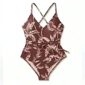 Women’s Brown Palm-Print One-Piece Swimsuit with Crossback Straps